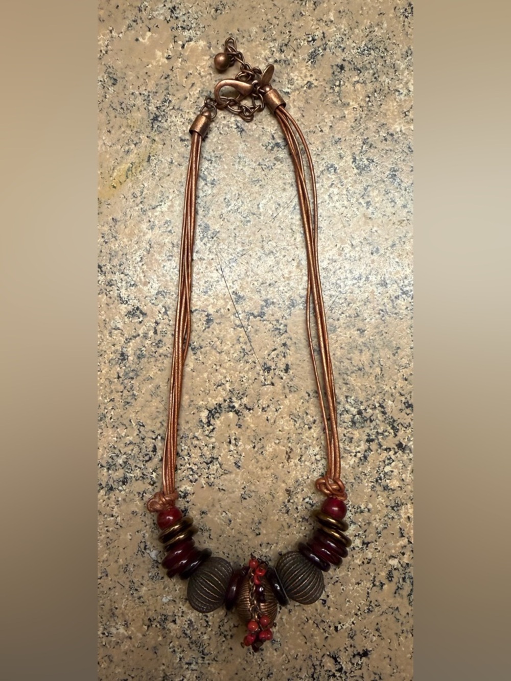 Chico's red beaded necklace with bronze tone layered cords 18"